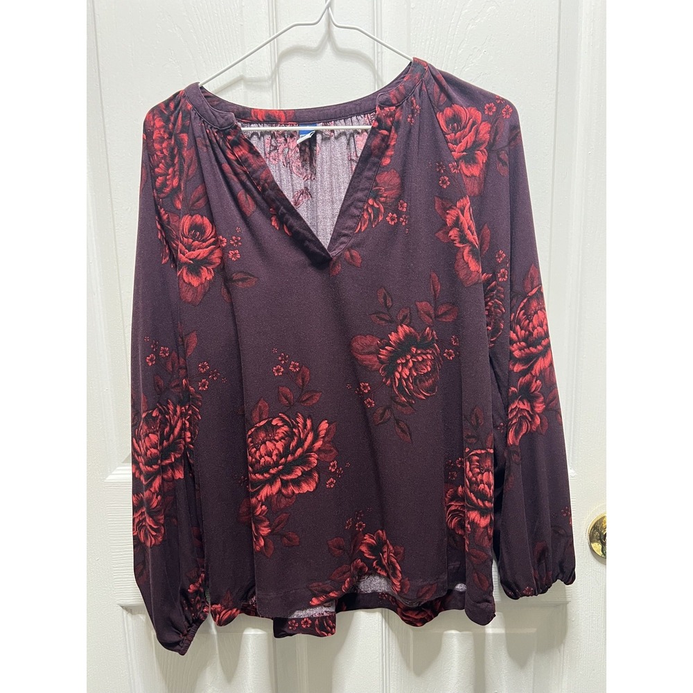 Old Navy Viscose Rose Print Split Neck Long Sleeve Blouse Size S